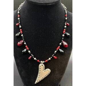 Handmade Stitched Heart Necklace with Red Black Crystals & Beads by Neanie-Bot